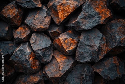 Close-up view of a textured stone wall.  Dark gray rocks with hints of burnt orange.  Rough, uneven surfaces.  Natural rock formations