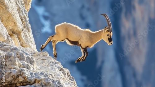 A mountain goat leaps off a rock outcropping with grace