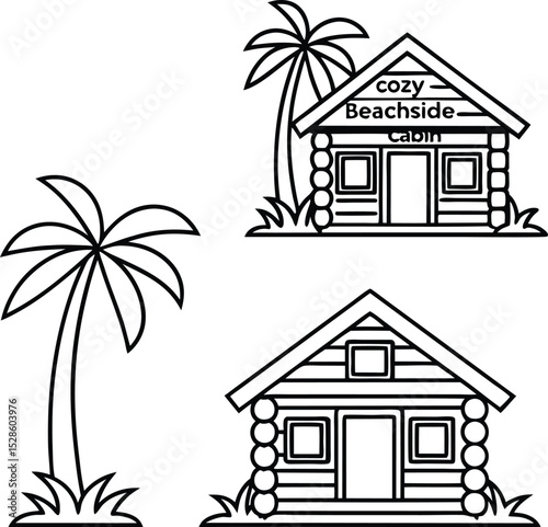 Two cozy beachside cabins with palm trees line art illustration