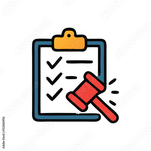 Legal checklist with gavel, signifying judgment or decision.