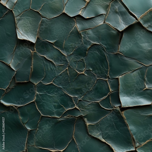A seamless dark green emerald leather texture with a cracked, organic, and abstract pattern, revealing subtle brown undertones. Ideal for backgrounds, natural themes, and unique design elements.