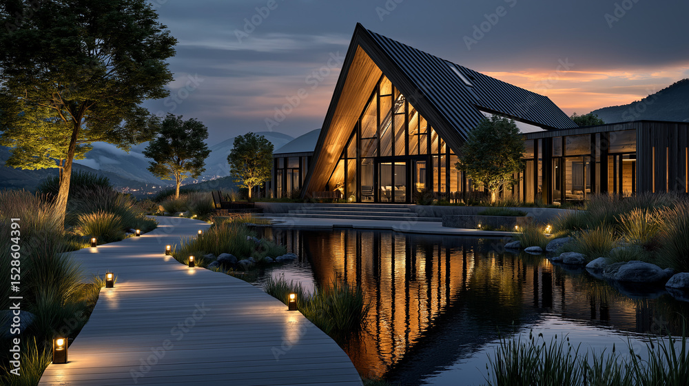 Fototapeta premium Serene Evening at Modern Architecture: A captivating visual of modern architecture at dusk, as soft lights illuminate a picturesque pathway beside a tranquil pond, reflecting the elegant structure.