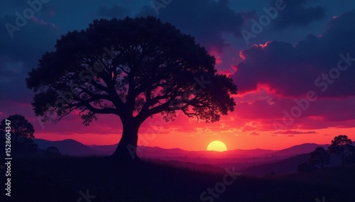 Dark gum tree silhouette, vibrant twilight colours, orange, element