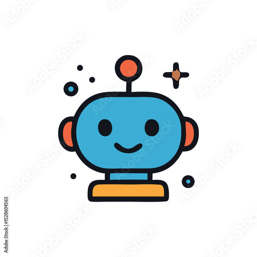 A cheerful cartoon robot with a smiling face and antenna, surrounded by stars.