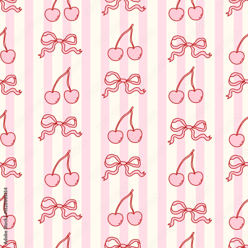 Seamless coquette pattern with hand-drawn cherries and bows on vertical pink stripes. Sweet and girly vintage aesthetic, perfect for fabric, wrapping paper, digital design, and stationery.