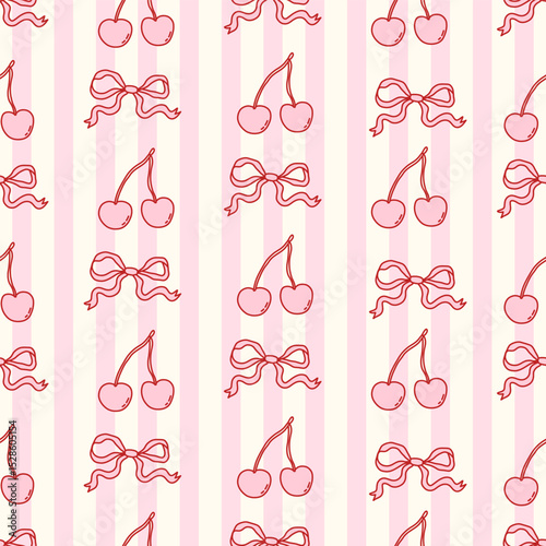 Seamless coquette pattern with hand-drawn cherries and bows on vertical pink stripes. Sweet and girly vintage aesthetic, perfect for fabric, wrapping paper, digital design, and stationery.