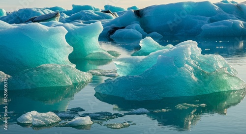 Frozen blue glaciers melt peacefully in the turquoise glacial lagoon