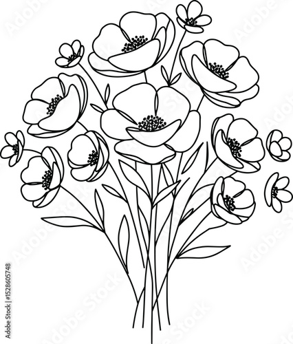 Contour groovy flowers in 70s and 60s style. Vintage hippie outline bouquet. Psychedelic seventies daisies. Vector coloring page.