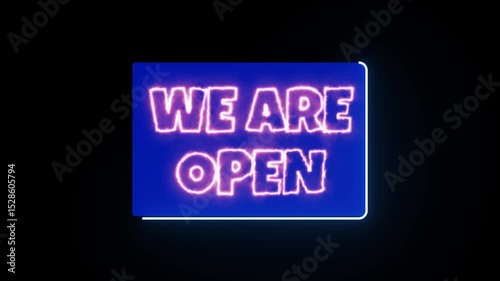 Neon Sign Display with We Are Open Message Brightly Illuminated Against a Dark Background
