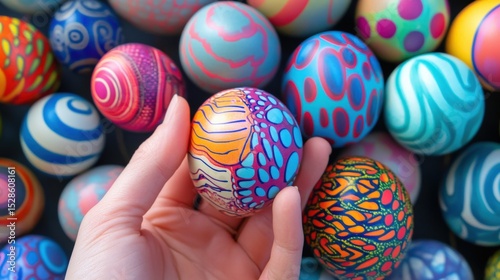 A hand holding a decorated egg with multiple colorful designs