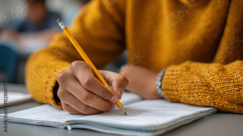 Close-up of students writing in notebooks