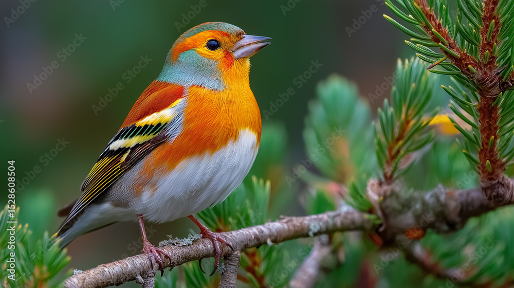 Obraz premium Vibrant Finch Perched on Branch: A colorful finch perches gracefully on a branch, showcasing its vibrant plumage against a backdrop of lush greenery and crisp details.