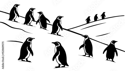 "Create a modern art print with twelve graphic black silhouettes of penguins in different orientations and postures, viewed from above, evoking calmness and natural harmony."







