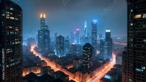 A stunning nighttime cityscape showcasing illuminated skyscrapers and bustling streets in a modern metropolis
