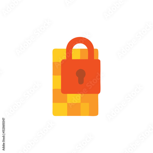 A stylized orange padlock secures a yellow and orange pixelated wall, symbolizing security.