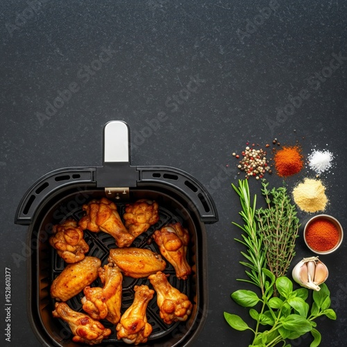 Cooking concept with seasoned chicken wings in an air fryer, framed by ingredients like paprika, rosemary, and garlic
