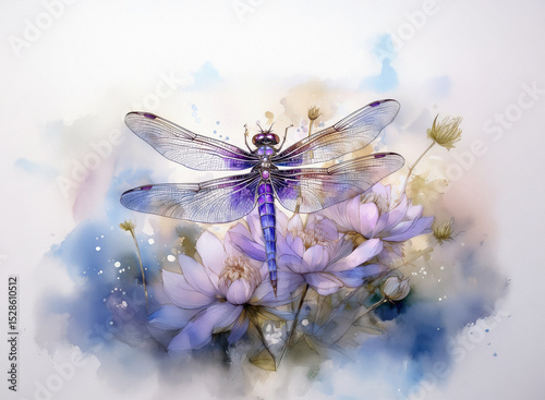 Watercolor artwork of a dragonfly perched on delicate flowers against a white background. Soft washes of blue and purple create a serene and elegant scene.