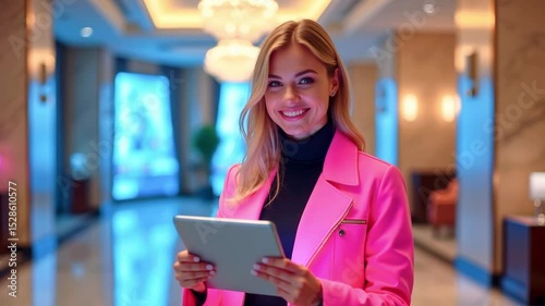 Young woman in a pink jacket smiling while using a tablet in a luxurious hotel lobby with soft lighting