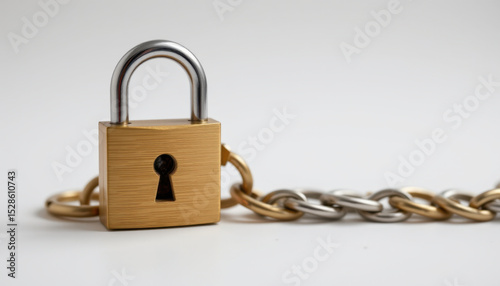 Golden padlock with shiny silver shackle is securely attached to chain made of interlinked metal rings. This conveys sense of security and protection