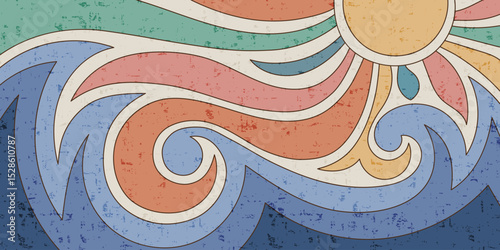 Abstract stylization of sea and sun, vintage colors and texture, vector drawing, cartoon illustration