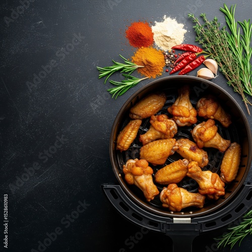 Cooking concept with seasoned chicken wings in an air fryer, framed by ingredients like paprika, rosemary, and garlic
