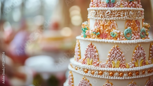 Elaborate Layered Cake with Decorative Frosting and Detailed Embellishments