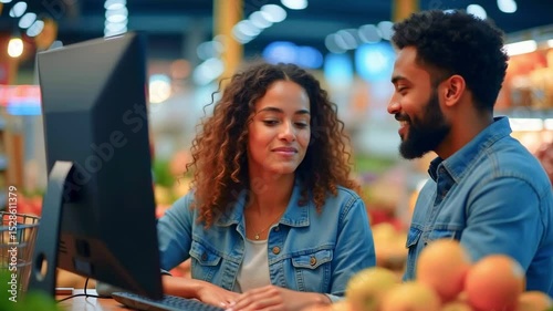 Young couple engaging in conversation at a grocery store while using a computer, surrounded by fresh produce
