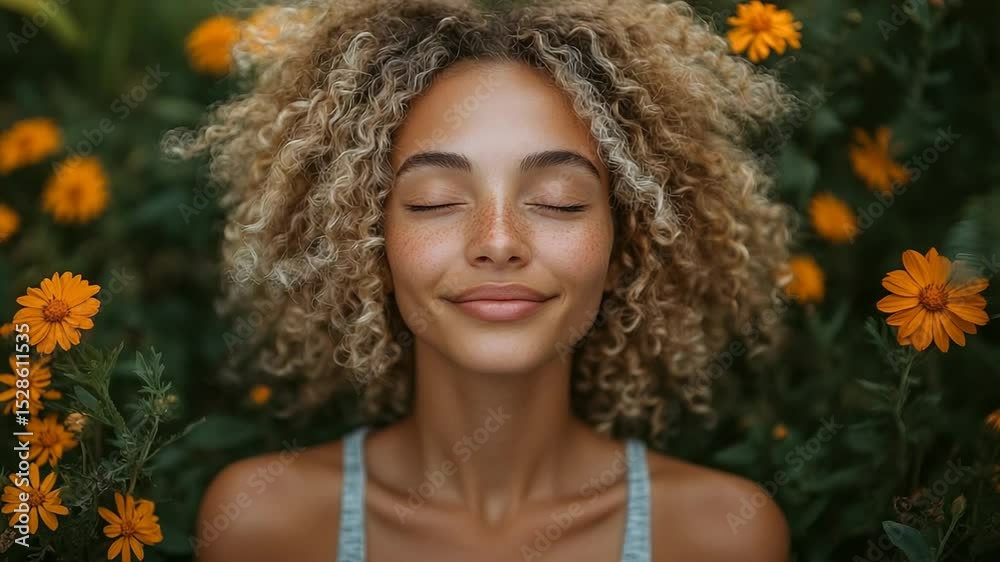 Serene woman surrounded by vibrant flowers in nature Serene woman surrounded by vibrant flowers in nature