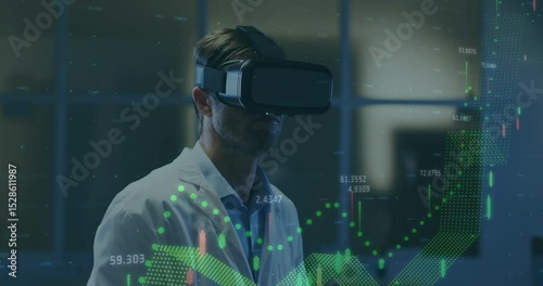 Researcher activating VR headset in tech lab and analyzing holographic data streams evolving