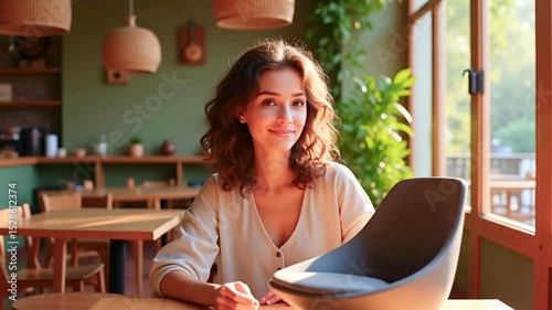 Young woman sitting in a cozy café, smiling while enjoying a sunny afternoon with greenery outside