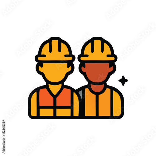Two construction workers, side-by-side, wearing hard hats and safety vests.