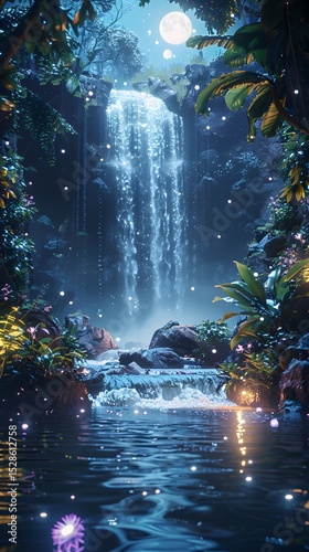 A magical fantasy waterfall glowing under the moonlight 