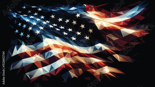 United States Flag on Black Background, in low poly style