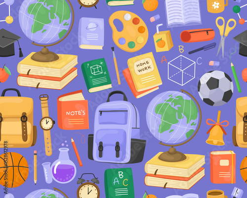 Seamless pattern, school supplies on blue background. Globe, backpack, book, ball, palette, watch, stationery, chemical flasks. Cute childish ornament for textile, paper, print.