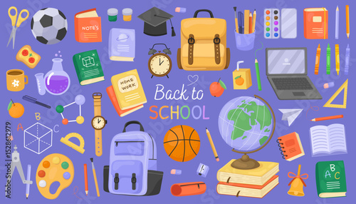 Back to school collection, colorful cute illustrations. Set of school supplies. Globe, backpack, books, watches, notebooks, pencils, laptop. Blue background.