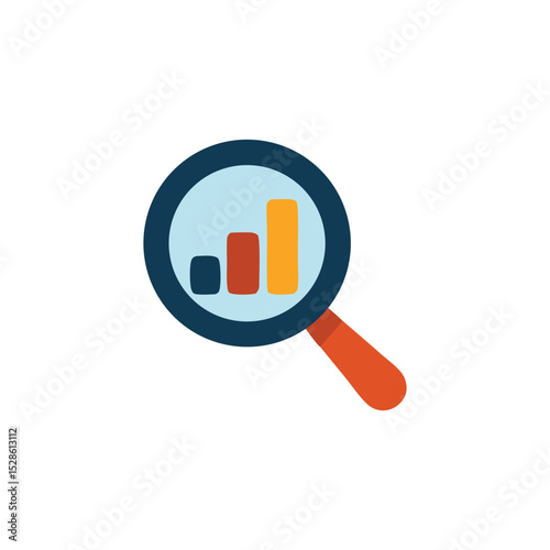 Magnifying glass analyzing upward trending bar graph, data, growth, progress, business analytics.