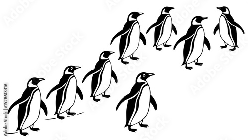 "Create a vector-style animal study featuring twelve penguins in silhouette, from top-down view, each with distinct posture and direction, on a plain white canvas with even spacing."








