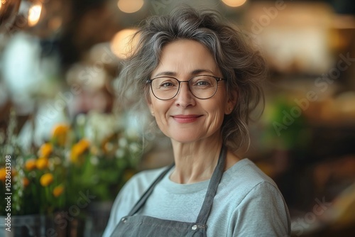Cheerful Older Woman Florist Smiling in Vibrant Creative Plant Shop - Portrait of a Medium-Haired Female Entrepreneur Embracing Nature and Community Spirit