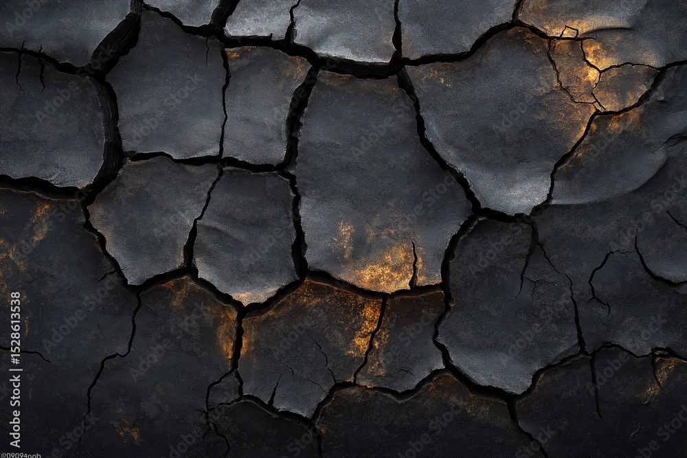 Obraz premium Burnt Cracked Texture. Dramatic Natures Art of Blackened Earth and Dry Soil Patterns