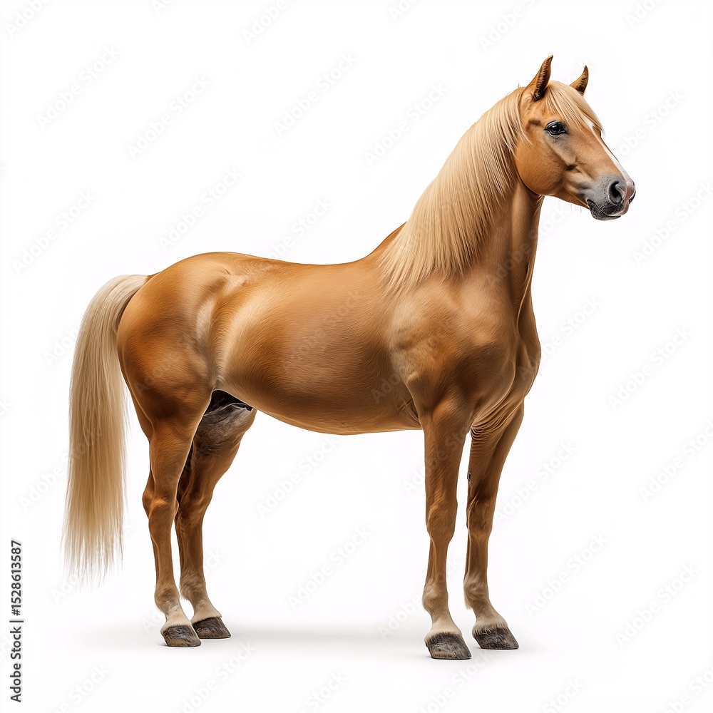 Naklejka premium Majestic Purebred Horse Standing in Sunny Grassland - Realistic Animal Portrait Illustration