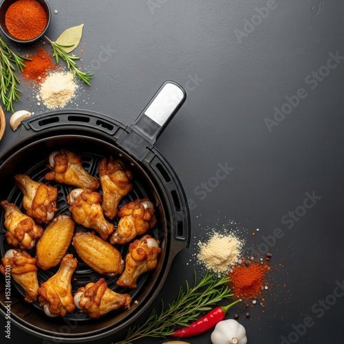 Cooking concept with seasoned chicken wings in an air fryer, framed by ingredients like paprika, rosemary, and garlic
