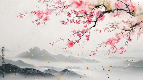 A stunning Japanese inspired wallpaper with soft pink flowers 