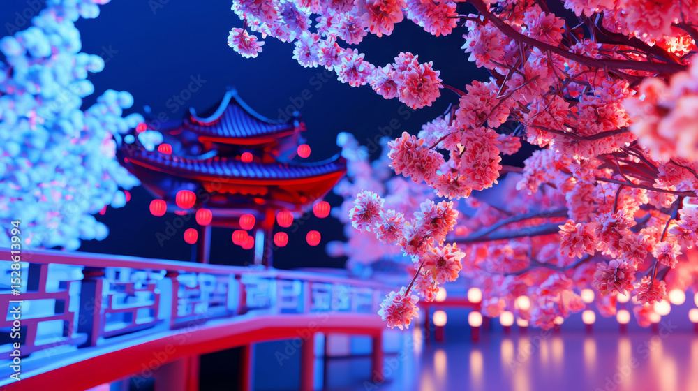 Fototapeta premium 3D Traditional Ancient Chinese Bridge Illuminated with Red Lanterns and Blossoming Sakura Trees Under a Tranquil Night Sky, Vibrant Spring Festival Celebration, Aesthetic Cultural Scene