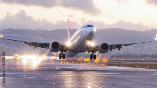  Soaring Ascent: A commercial aircraft takes flight against the backdrop of a misty sky and distant mountains. Captured with artistic skill, the photograph captures a sense of speed and adventure.