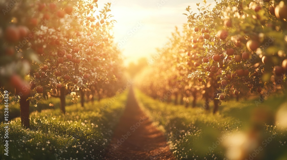 Obraz premium Sunlit apple orchard path