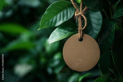 Eco-Friendly Handmade Blank Tag on Green Leaf. Natural Rustic Minimalist Background for Organic Product Branding and Display
