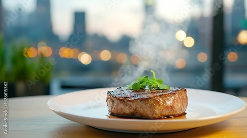 Grilled steak with herb garnish culinary presentation on dinner plate