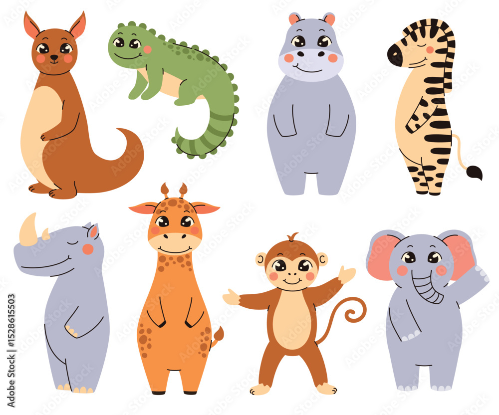Naklejka premium Illustration in children's style. Set of cute animals. Monkey, rhinoceros, giraffe, zebra, elephant. Flat vector illustration.