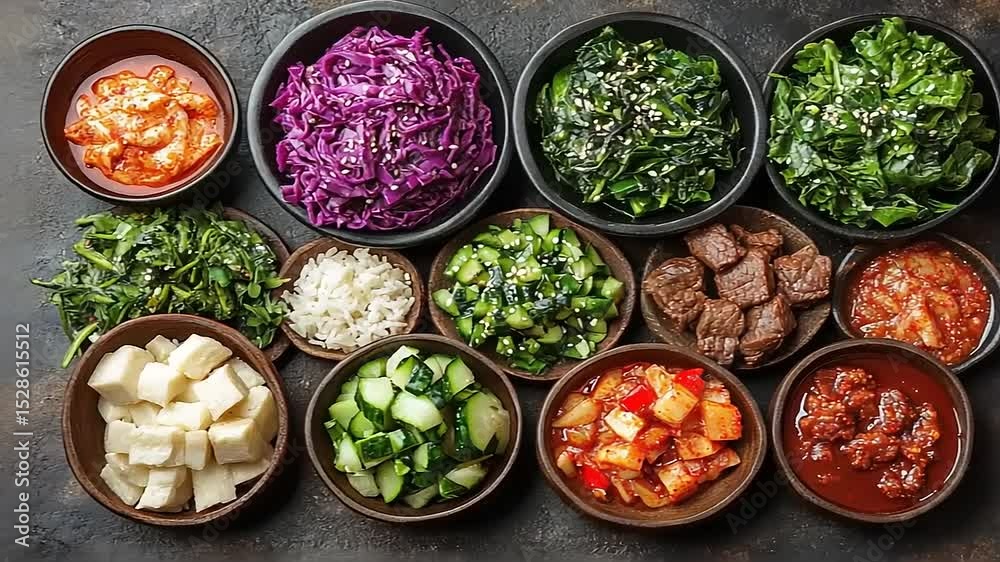 Korean Food Assortment with Kimchi Varieties and Accompaniments on Dark Backdrop Korean Food Assortment with Kimchi Varieties and Accompaniments on Dark Backdrop