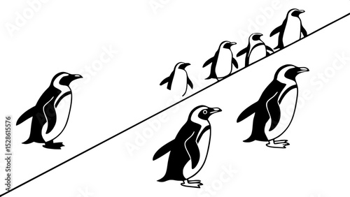 "Generate a flat lay composition of twelve stylized penguin shapes in minimalist black-and-white, viewed from above and arranged with visual balance and clear separation between forms."







